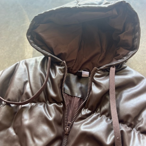 brown leather puffer hoodie coat - Picture 2 of 4
